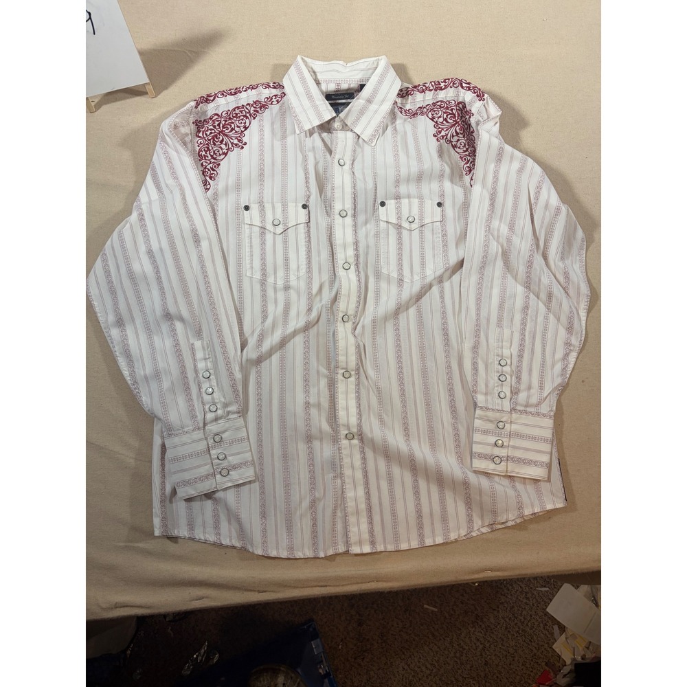Resistol University Mens White Burgundy Embroidered‎ Cross Western Snap Shirt L